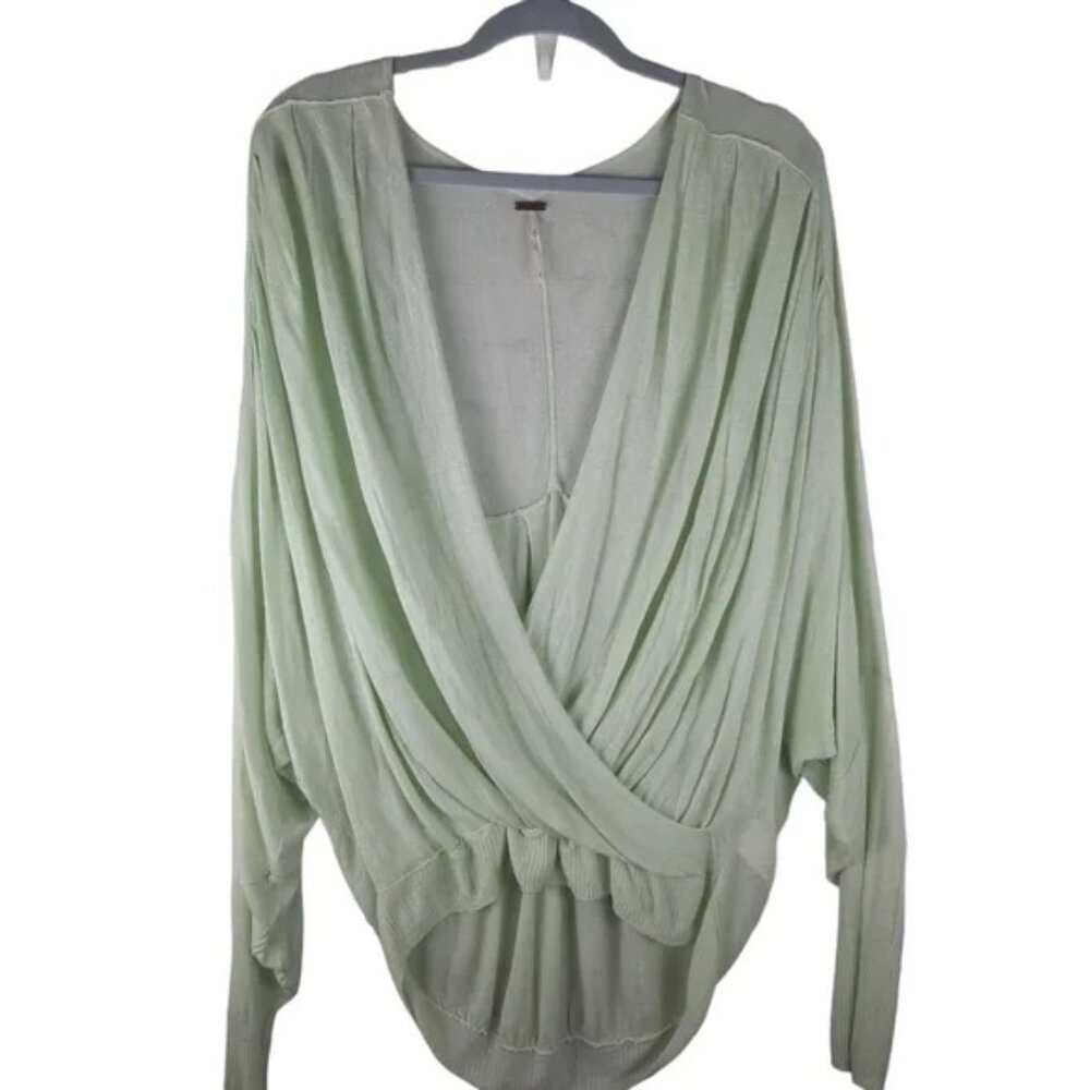 Free People Womens Draped Long Sleeve Top Light Green Faux Wrap